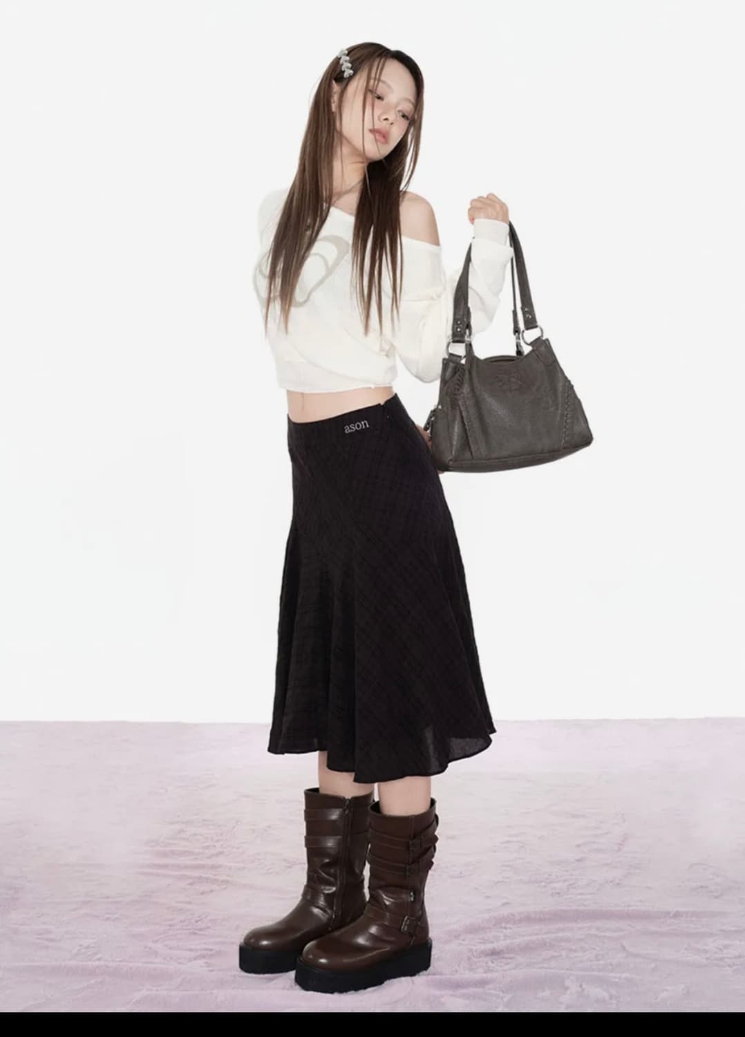 애즈온 런던 체크 미디 스커트 블랙 상품이미지1