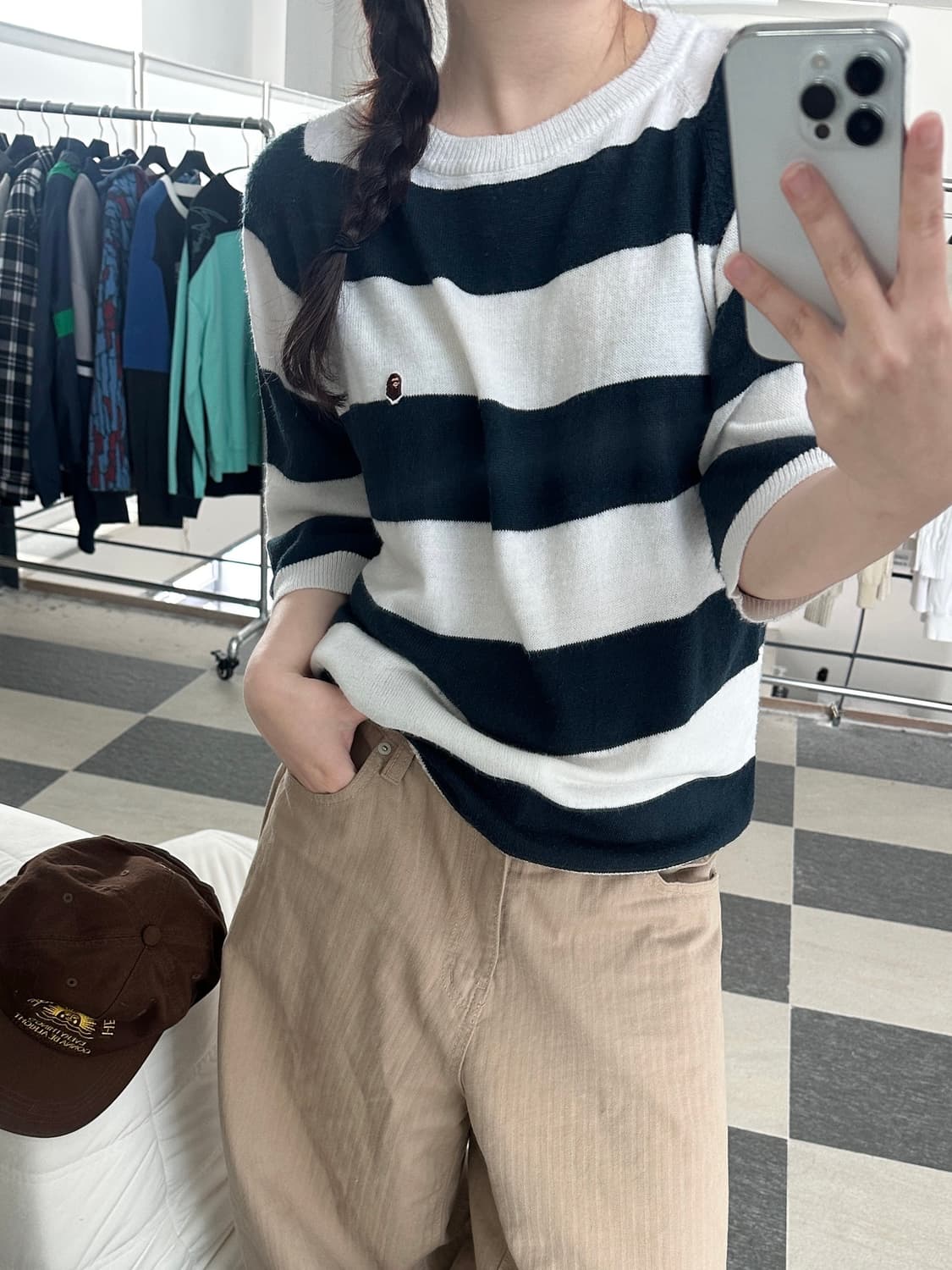 베이프 스트라이프 미니사루 7부 니트  상품이미지1