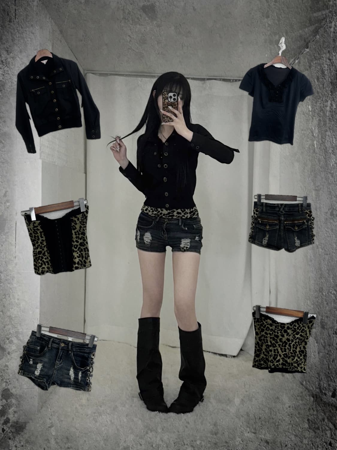 무채색 갸루 레오파드 오링 코르셋 코디세트  상품이미지1