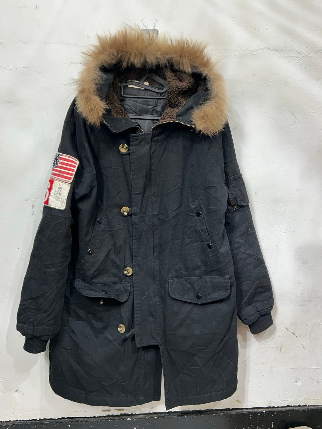 일본빈티지 RL 블랙 울프죠 성조기 자수 퍼 후드 개파카 야상 M 상품이미지5