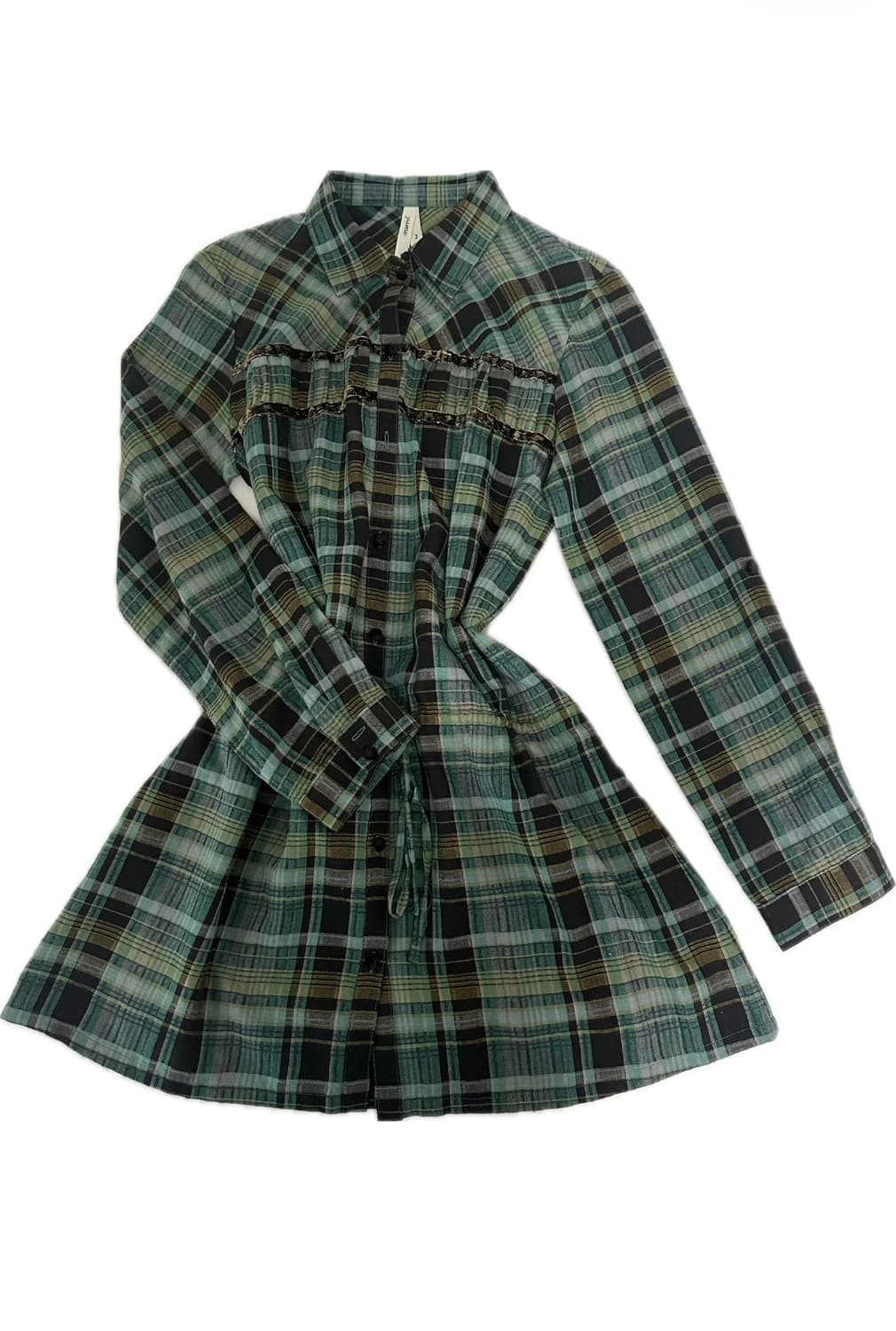 빈티지 체크 셔츠 원피스 / 그린 톤 / 프릴 디테일 상품이미지1
