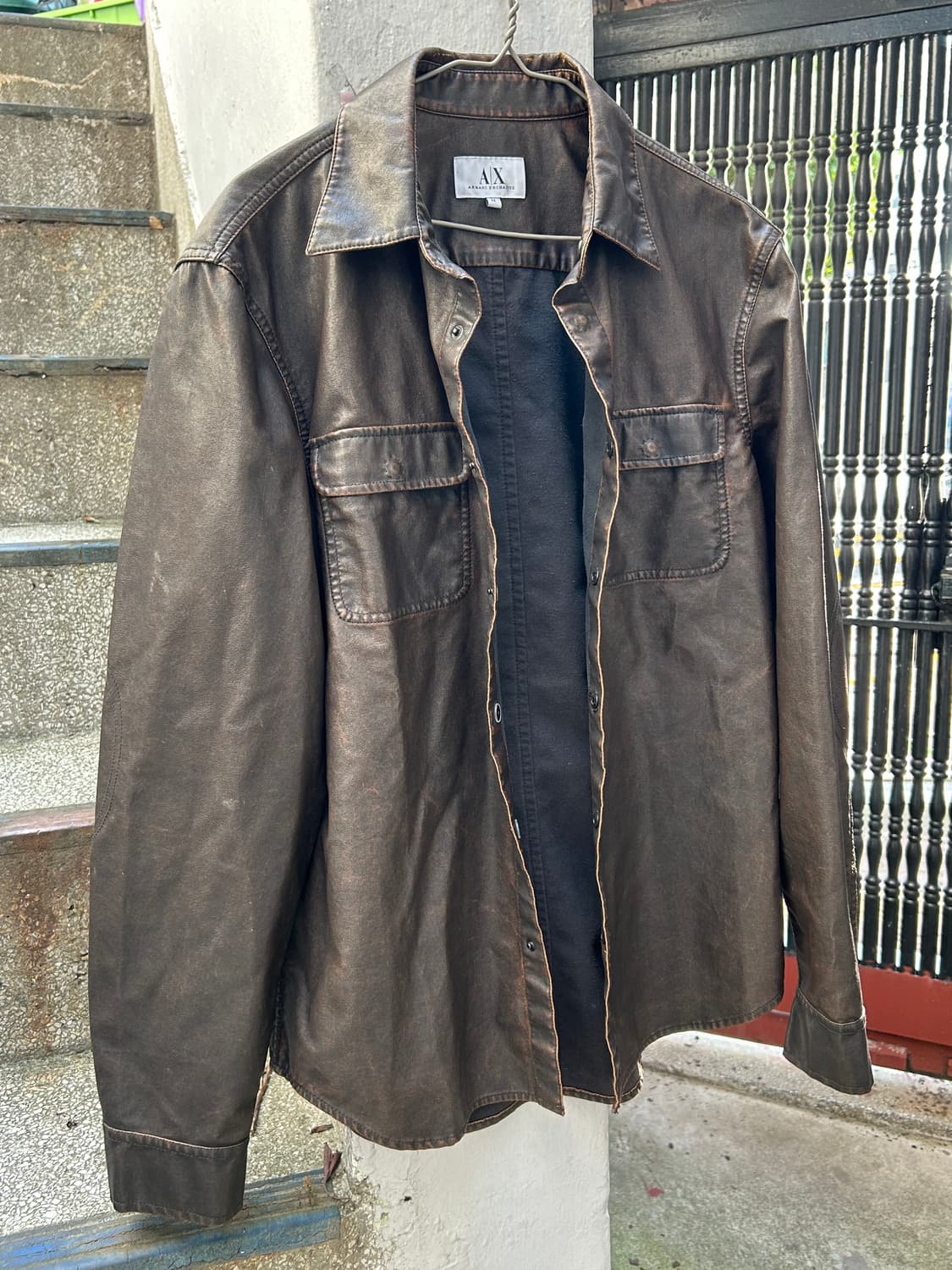 Rare 90s 아르마니 익스체인지 가죽 브라운 가죽 셔츠 상품이미지4