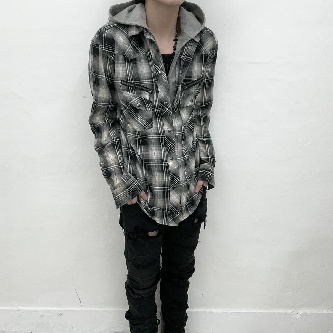 Grey tartan layered hood shirts 상품이미지1