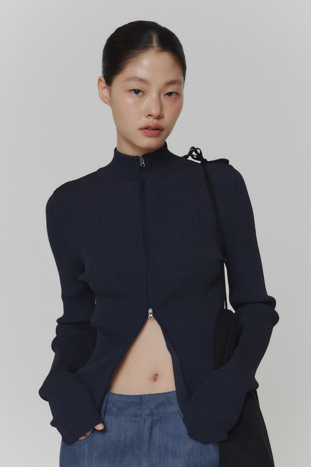 아모멘토Ribbed Mock Neck Cardigan-Dark Navy 상품이미지2