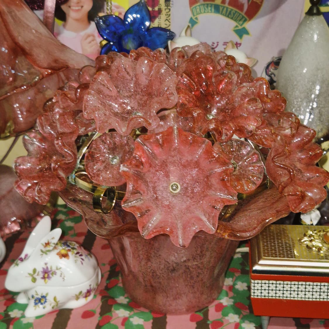 50s 이와타 핸드블로운 핑크 꽃 바구니 엔틱 램프 상품이미지10