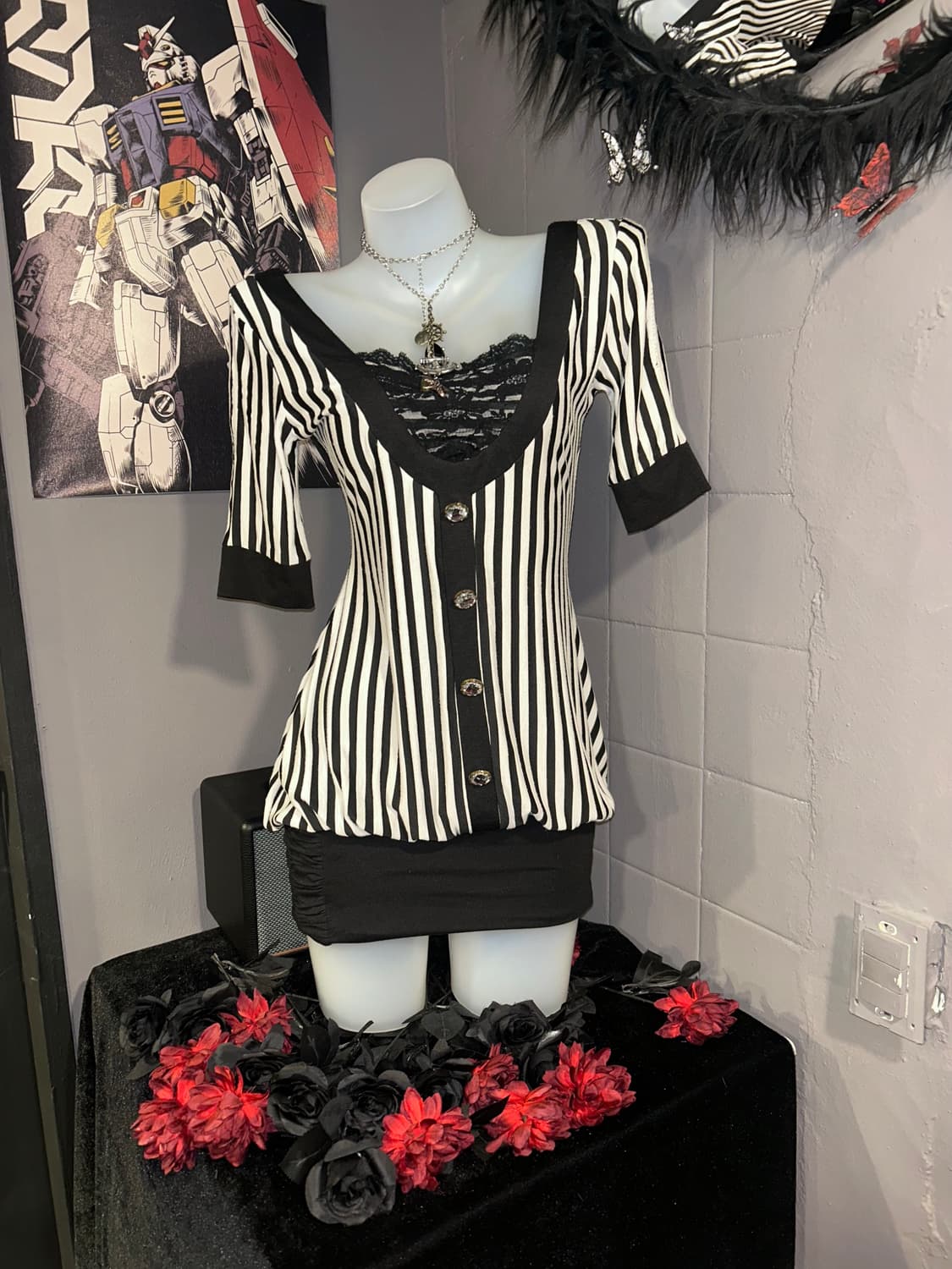 diable baiser스트라이프 셔링 7부 브이넥 오프숄더 원피스 갸루 상품이미지2