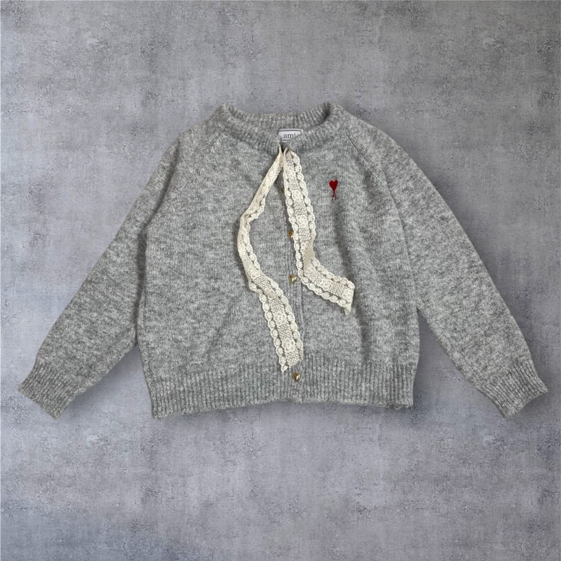 아미 하트로고 레이스 트리밍 니트 가디건 롱스커트 셋업 상품이미지2