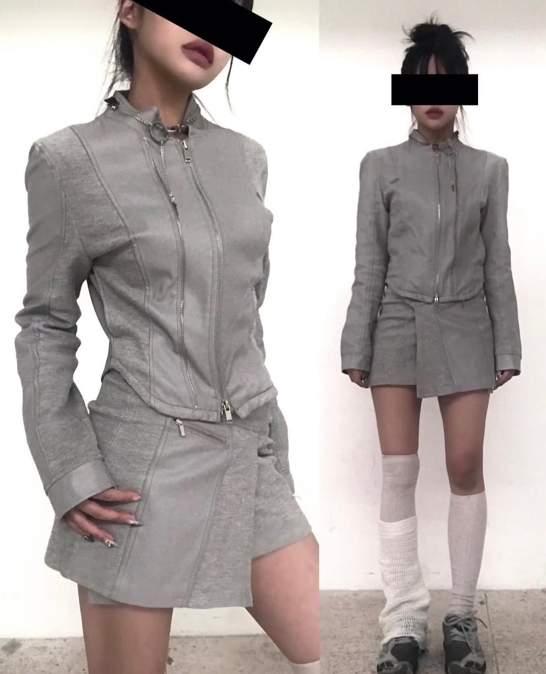 더블 지퍼 레더 자켓 & 치마 라이트 그레이 상품이미지1