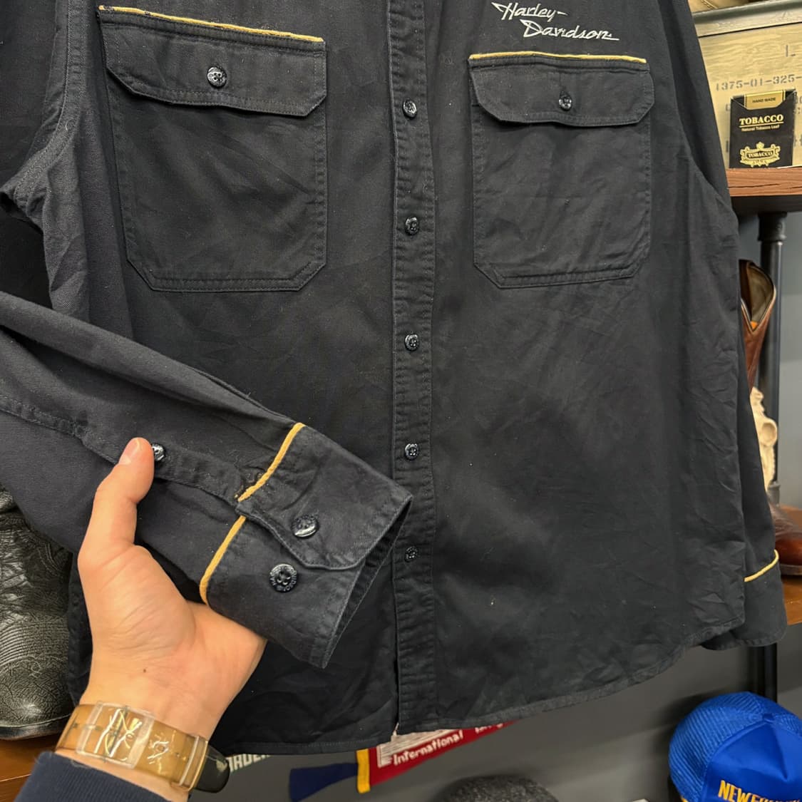 00s 할리데이비슨 스펠아웃 스트링 플랩포켓 모터바이크 셔츠  N275 상품이미지4