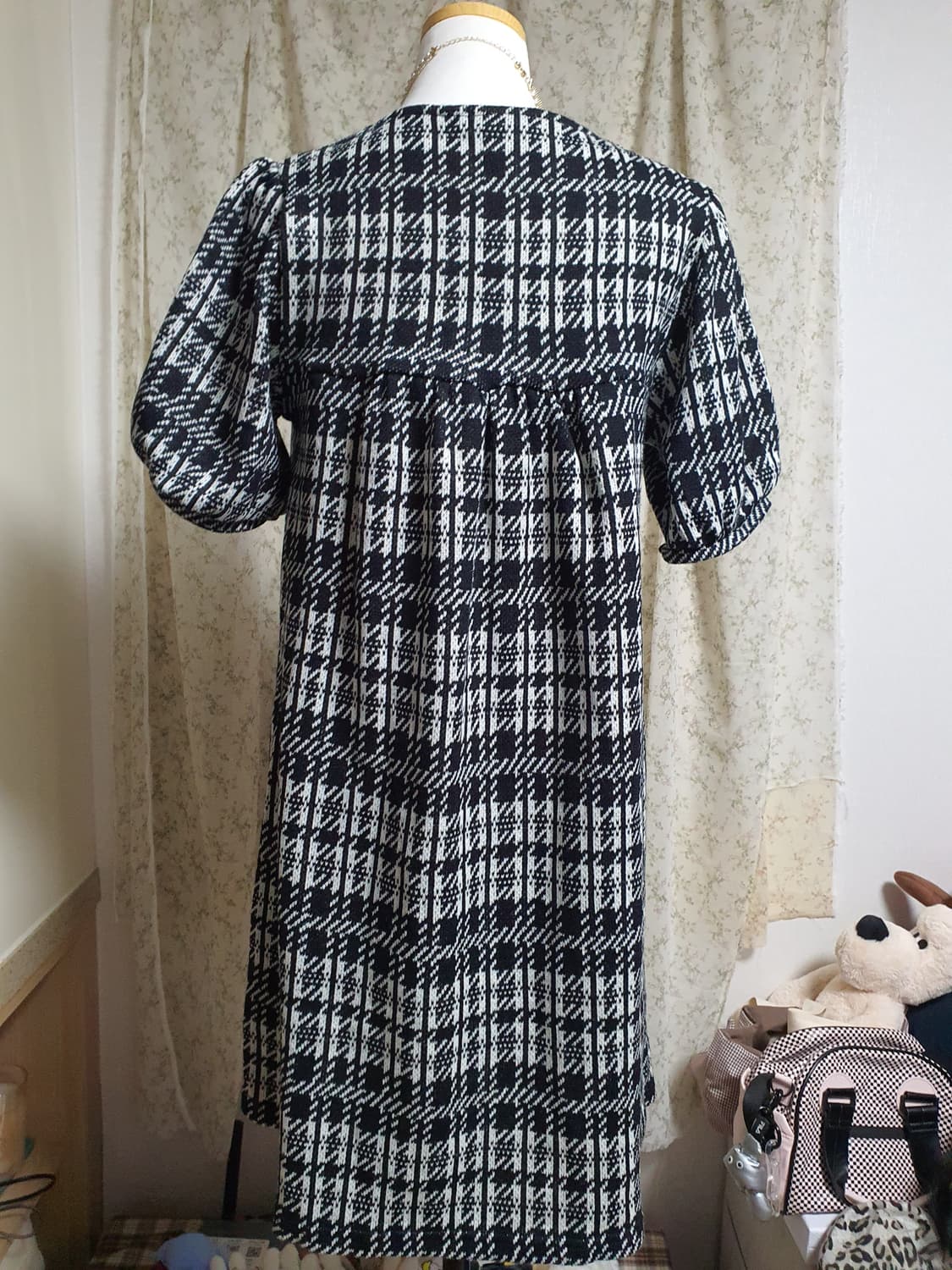 [모리걸] 너드모리 깅엄 체크 블랙 원피스 퍼프 반팔 LL 상품이미지3