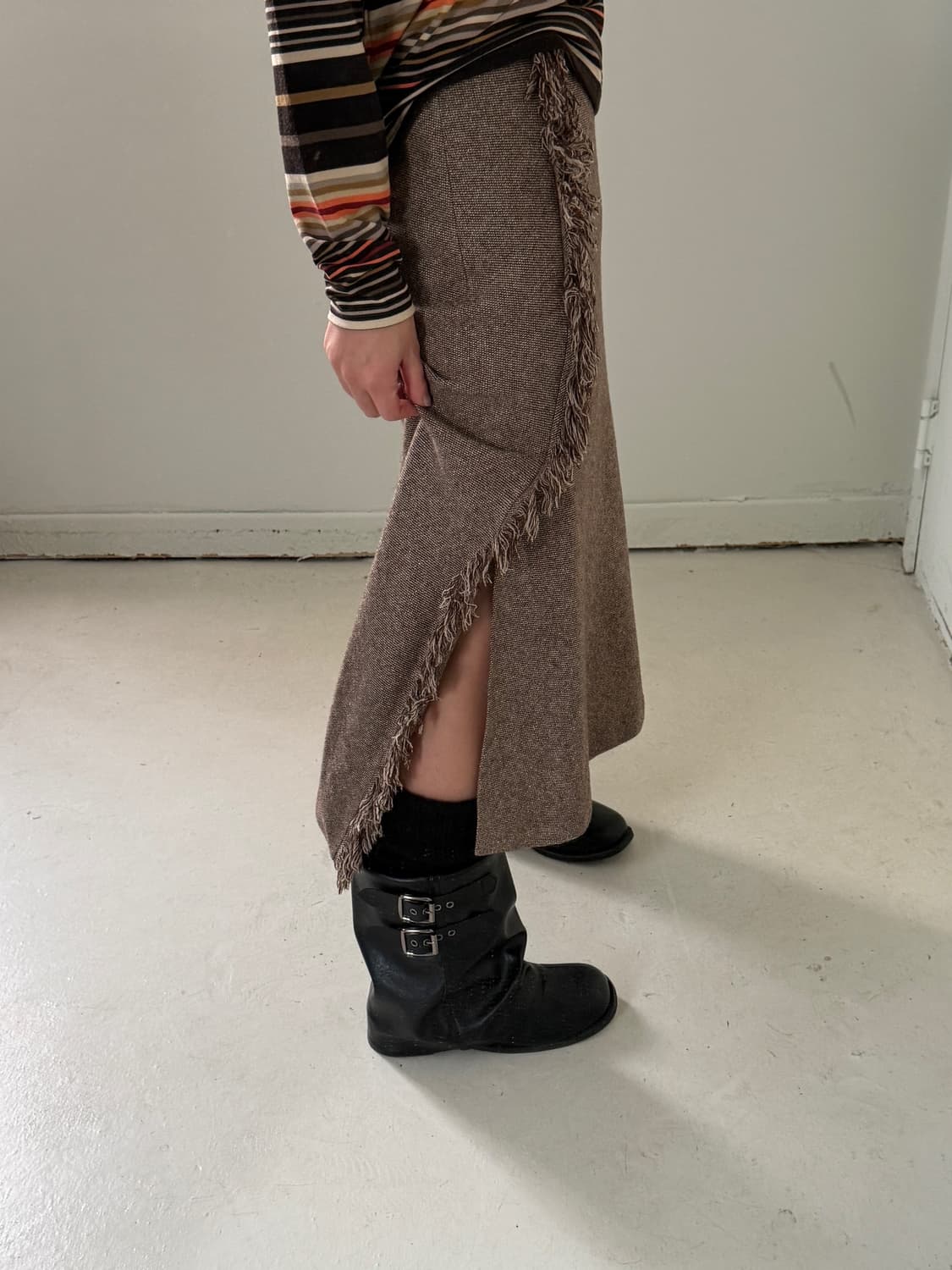 일본빈티지 울 프린지 롱스커트 상품이미지1