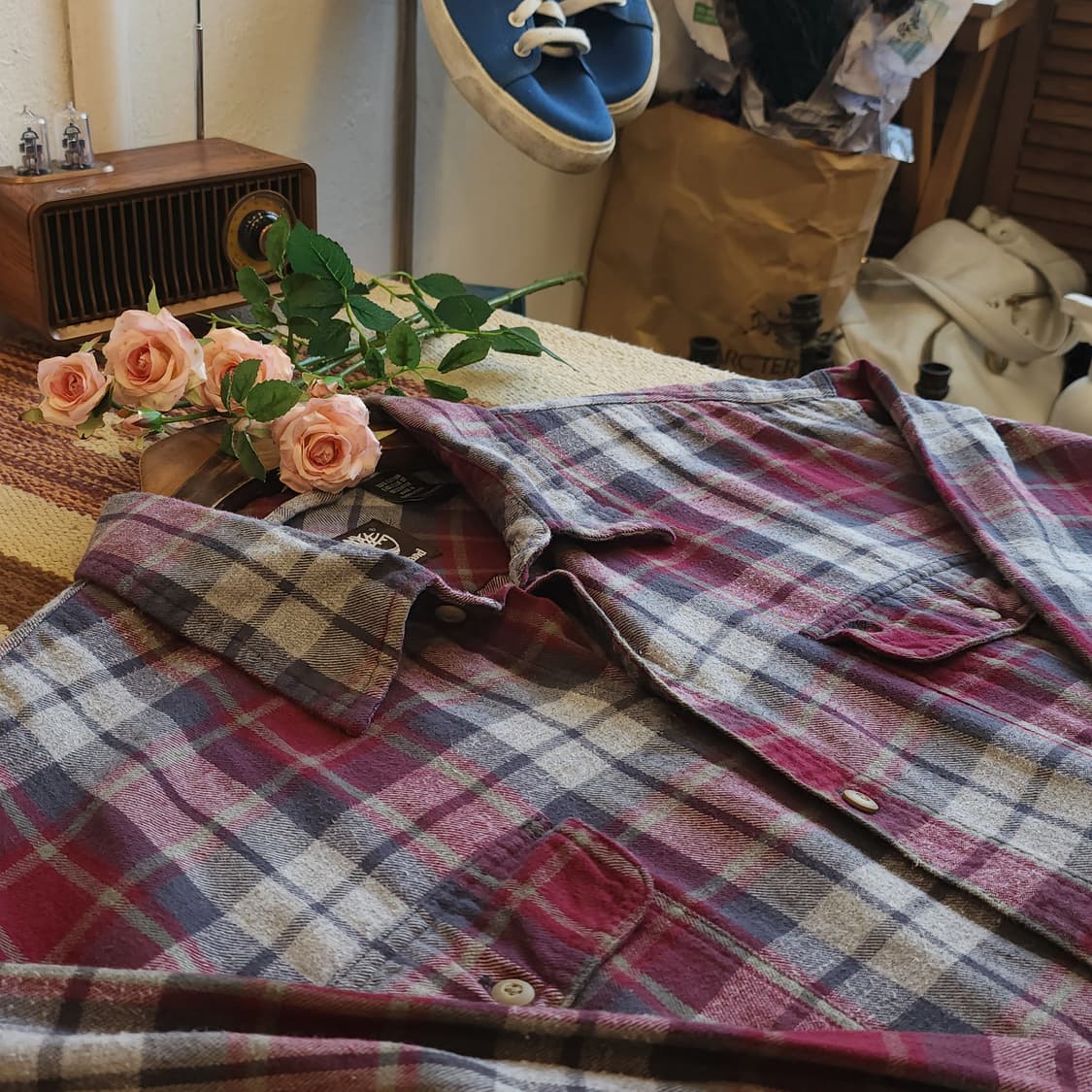 90s 팀버랜드 체크셔츠 플란넬 셔츠 헤비코튼 워크셔츠 버건디 2xl 상품이미지9