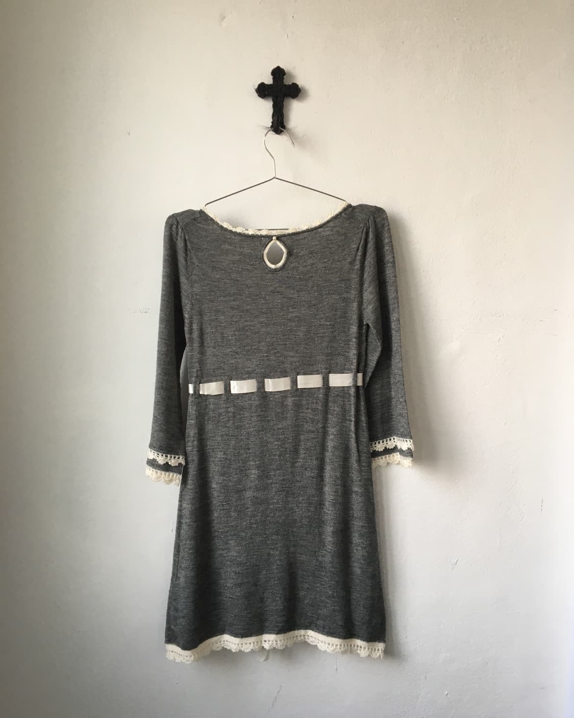 Lace trimming belted woolen knit one pie 상품이미지3