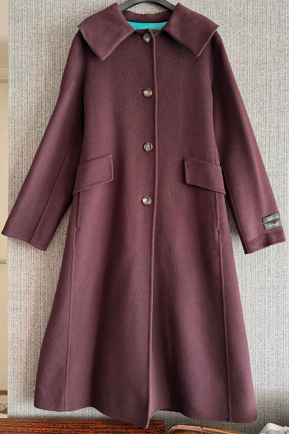 블루페페 핸드메이드 울 캐시미어 롱코트 버건디 민트 클래식 카라 A라인 상품이미지1