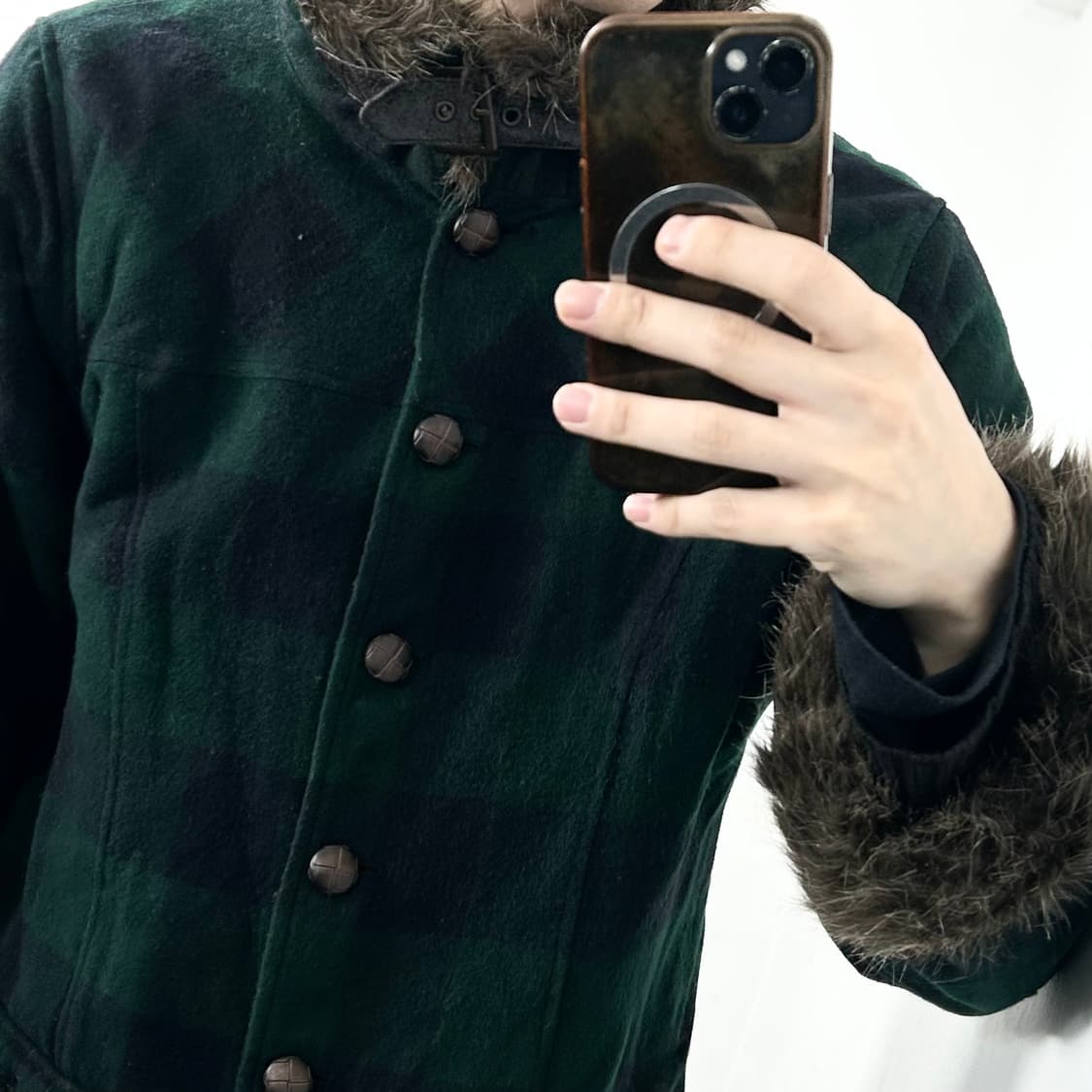 Imana 체크 퍼 자켓 상품이미지3