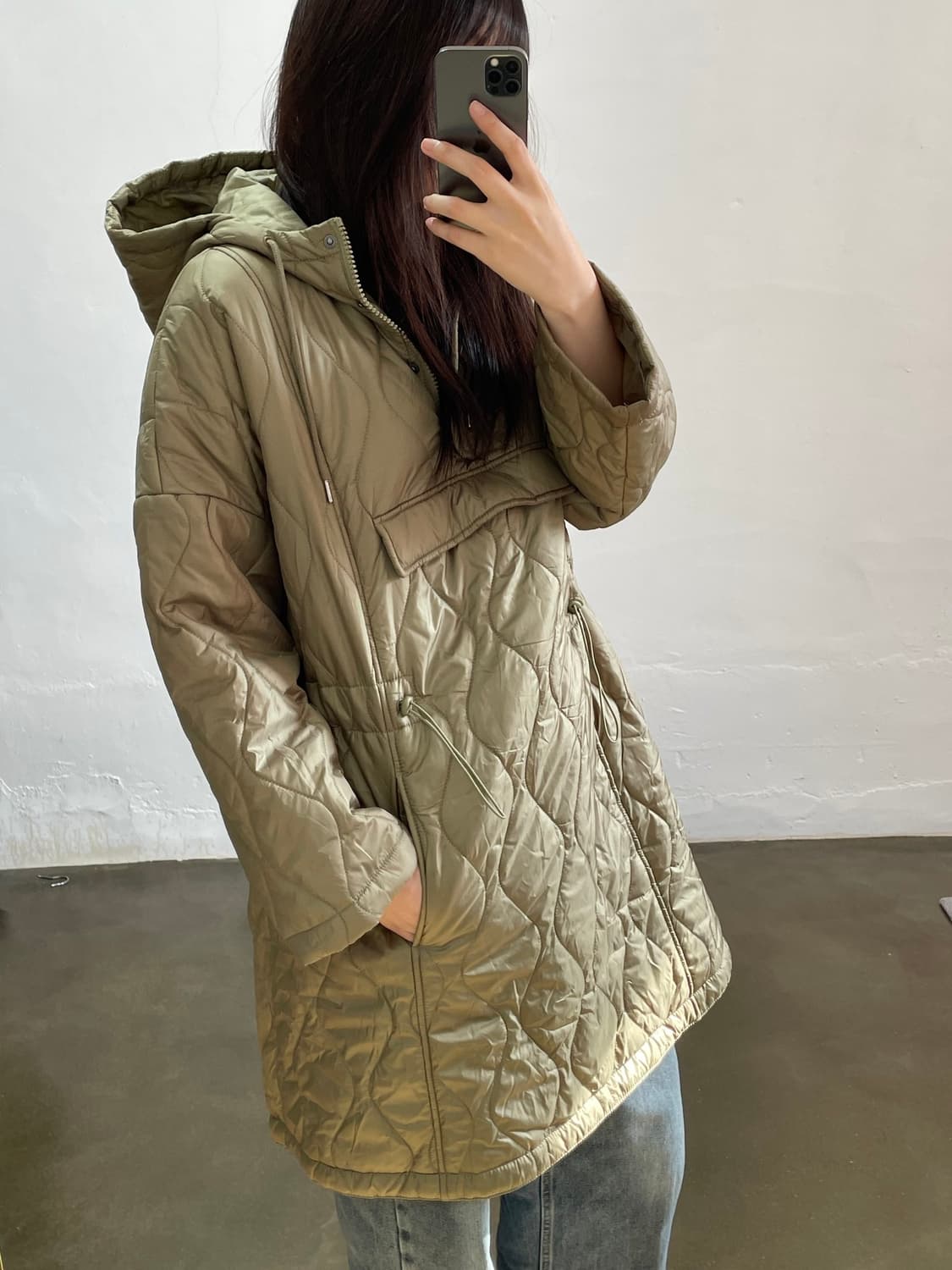 탑샵 카키색 퀼팅 후드 패딩 36 상품이미지1