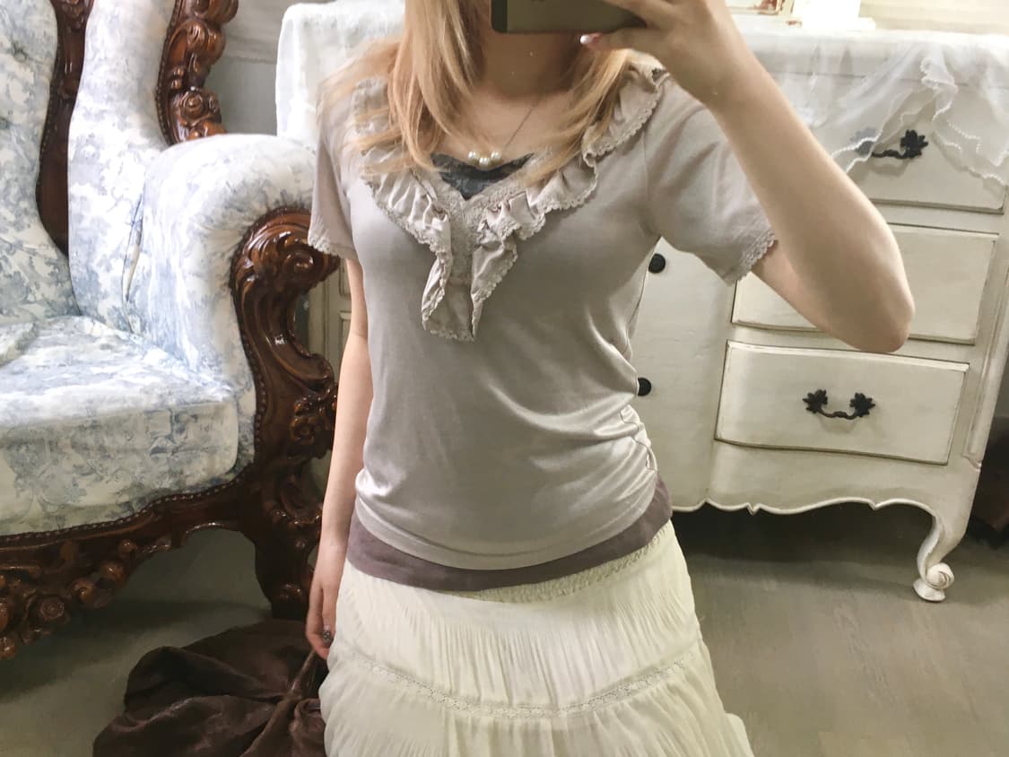 빈티지 베이지 러플 로걀 레이스 반팔 상품이미지2