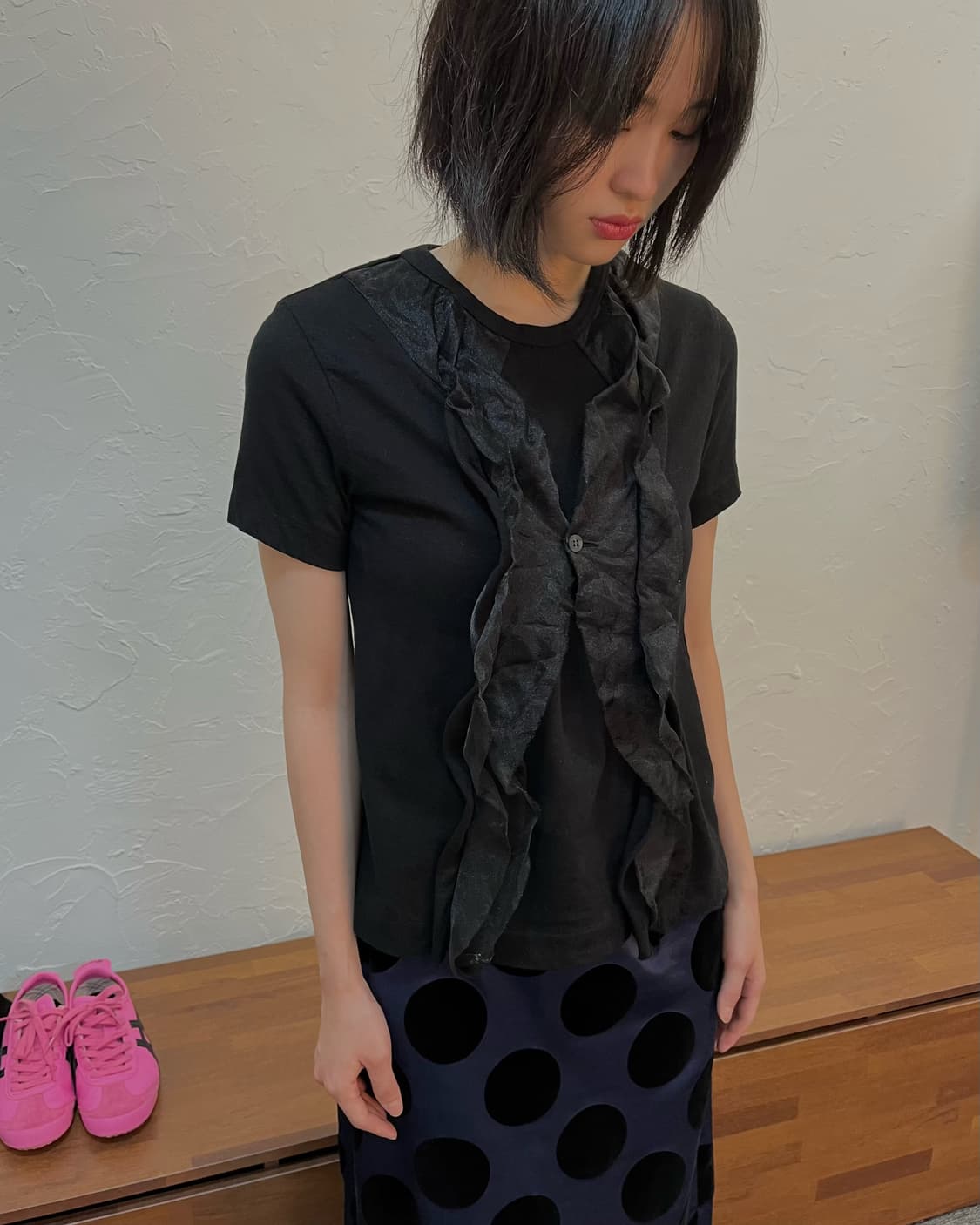 꼼데가르송 트리콧 러플 디테일 반팔 블라우스 상품이미지1