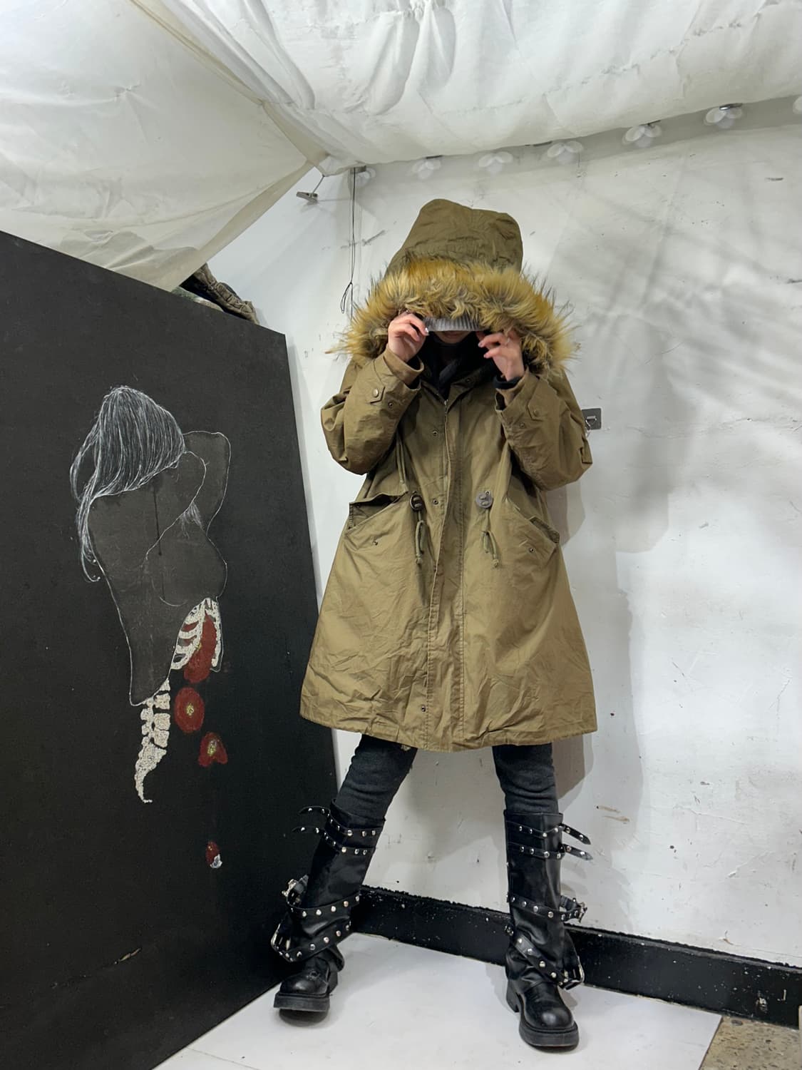 일본빈티지 카키 울프죠 퍼 후드 개파카 야상 밀리터리 갸루 M 상품이미지4