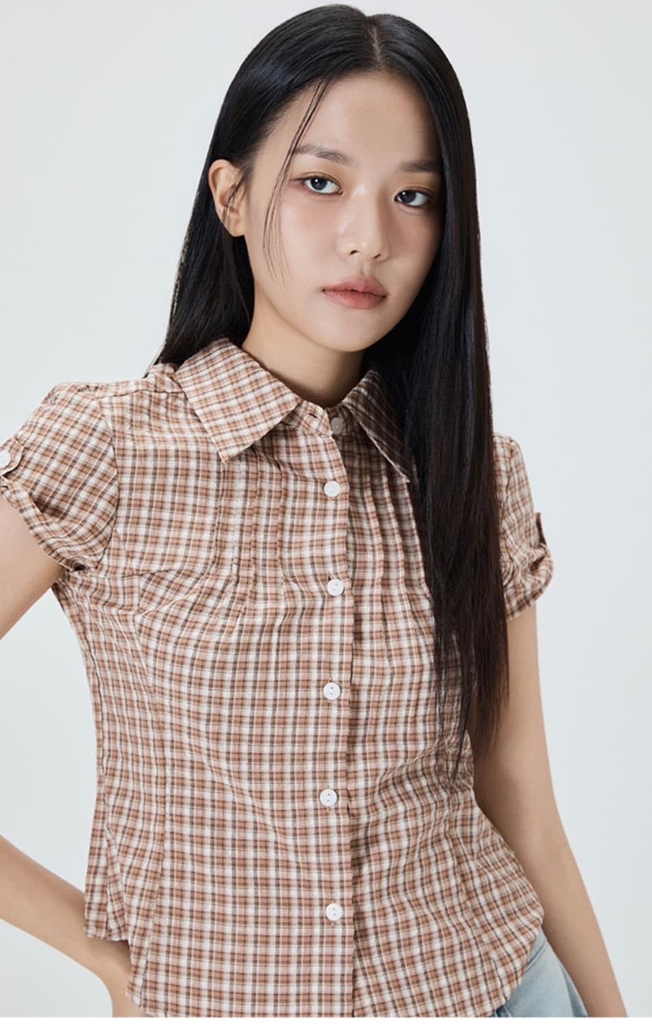 미쏘 롤업 체크 반팔 셔츠 오렌지 레드 S 상품이미지1