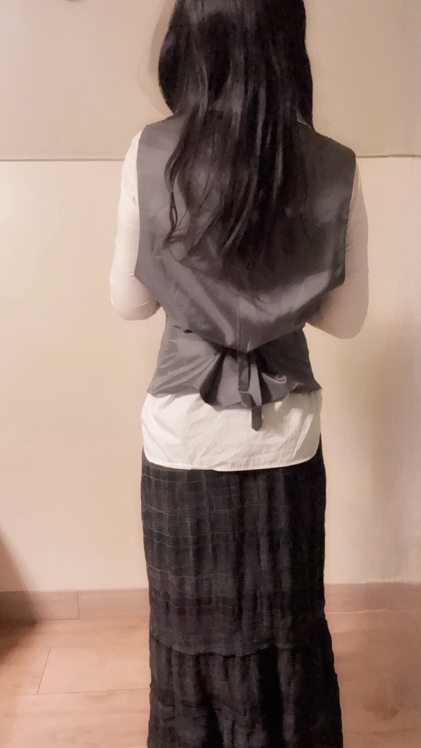 긱시크 프레피 핀터깔 베스트 장미 포인트 체크 롱스커트 코디세트 상품이미지4