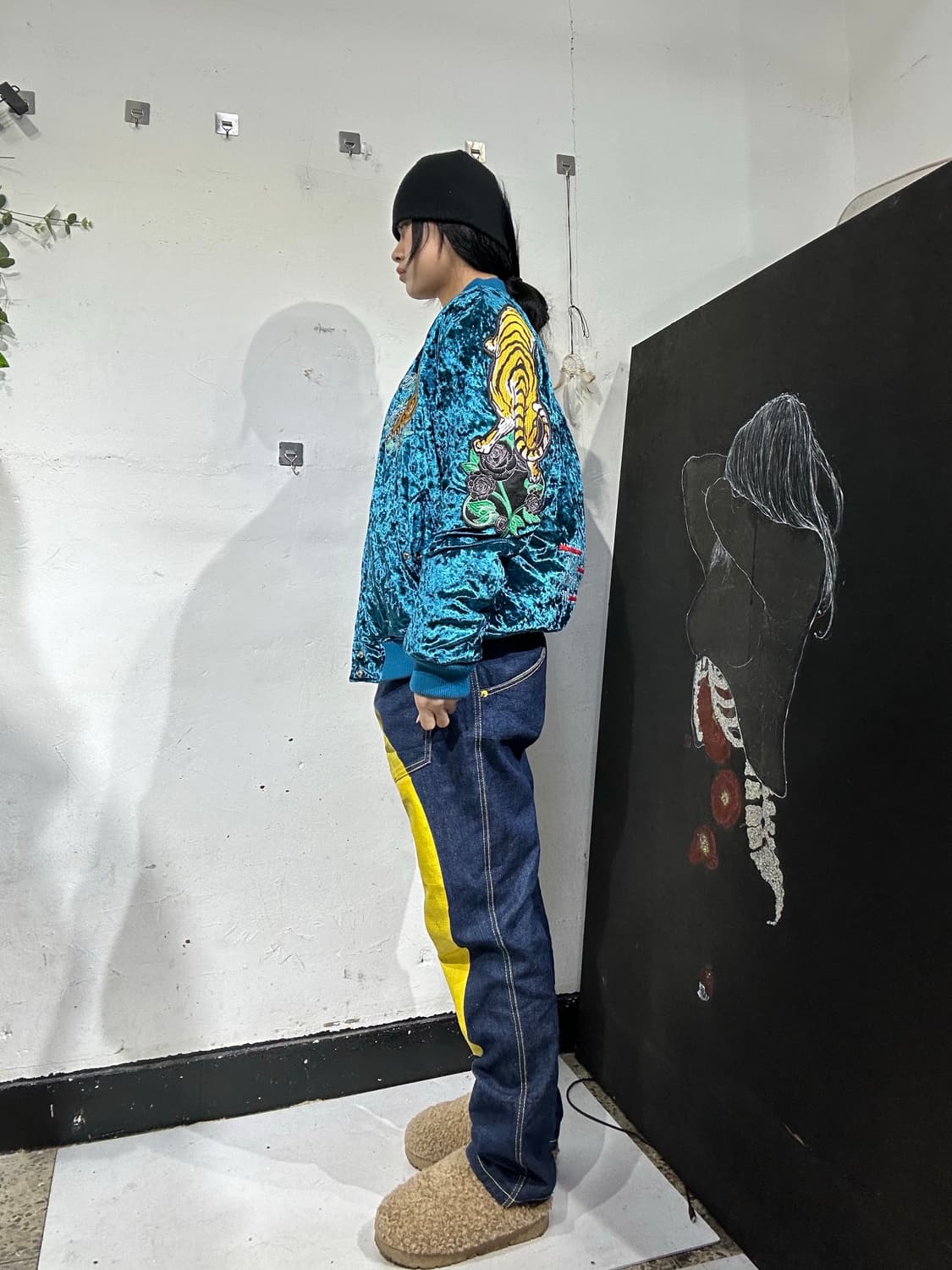 Evisu 에비수 청록 벨벳 빅호랑이 자수 스카잔 M 상품이미지5