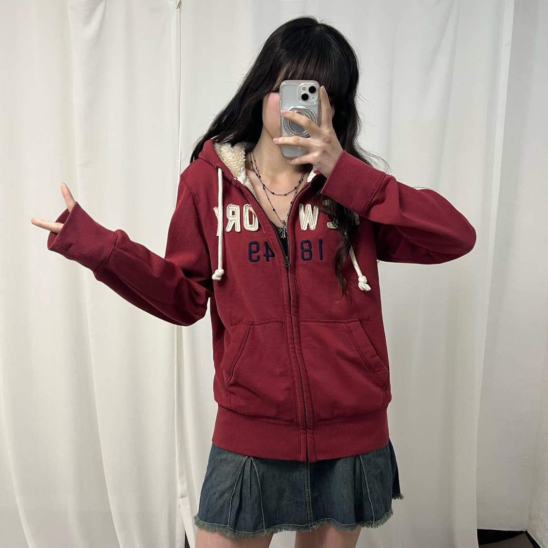 WHO.A.U brick-red fleece hood zip-up  상품이미지2