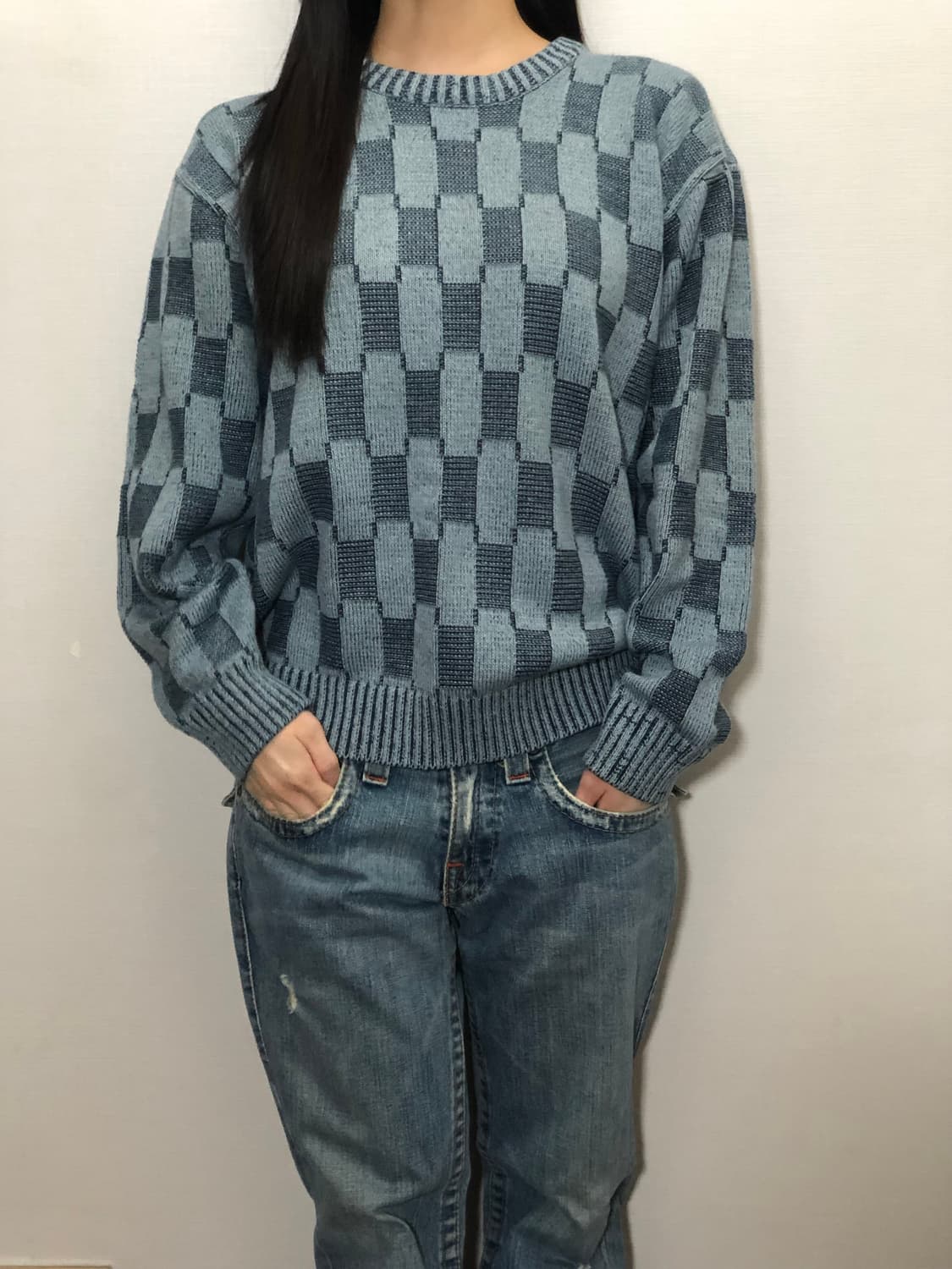 빈티지 블루 체커보드 니트 상품이미지5