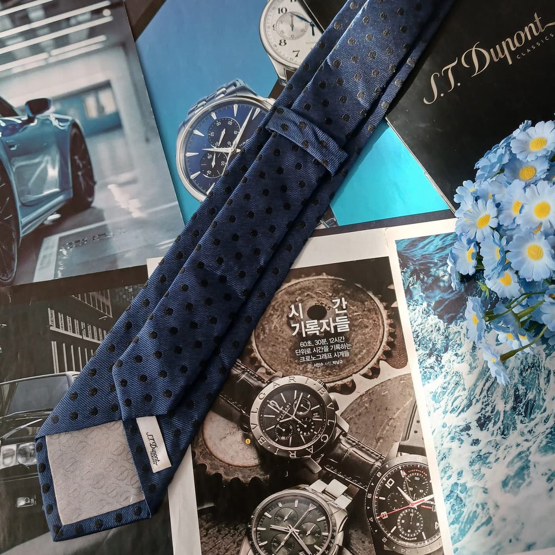 에스 티 듀퐁 실크 혼방 네이비 도트 넥타이 8cm A등급 A19434
 상품이미지6