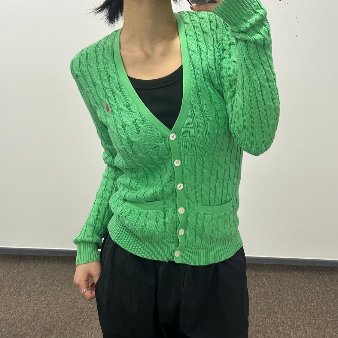 Polo 폴로 핑크포니 그린 브이넥 케이블 니트 가디건  상품이미지2