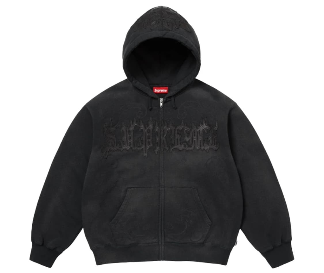 L] 25SS 슈프림 레더 아플리케 스웻 후드집업 블랙 상품이미지1