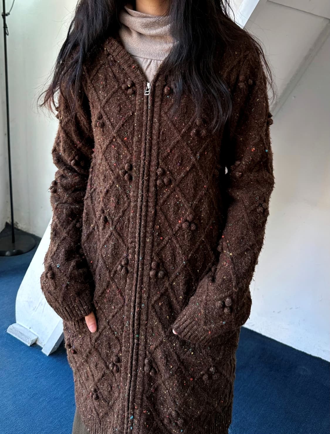 Design patterned hooded long knit jacket 상품이미지7