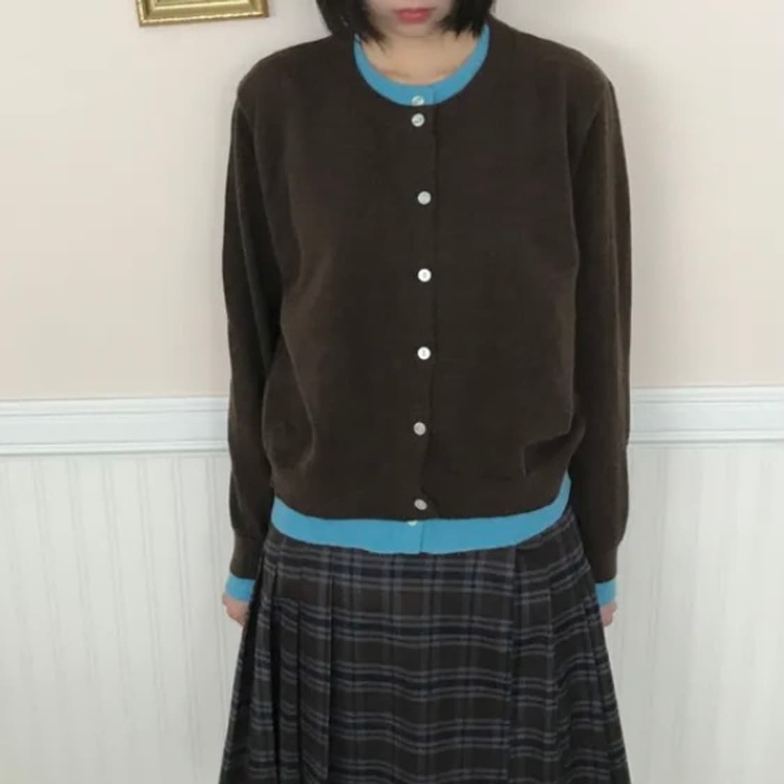 레이어드 배색 가디건 브라운 민트 상품이미지2