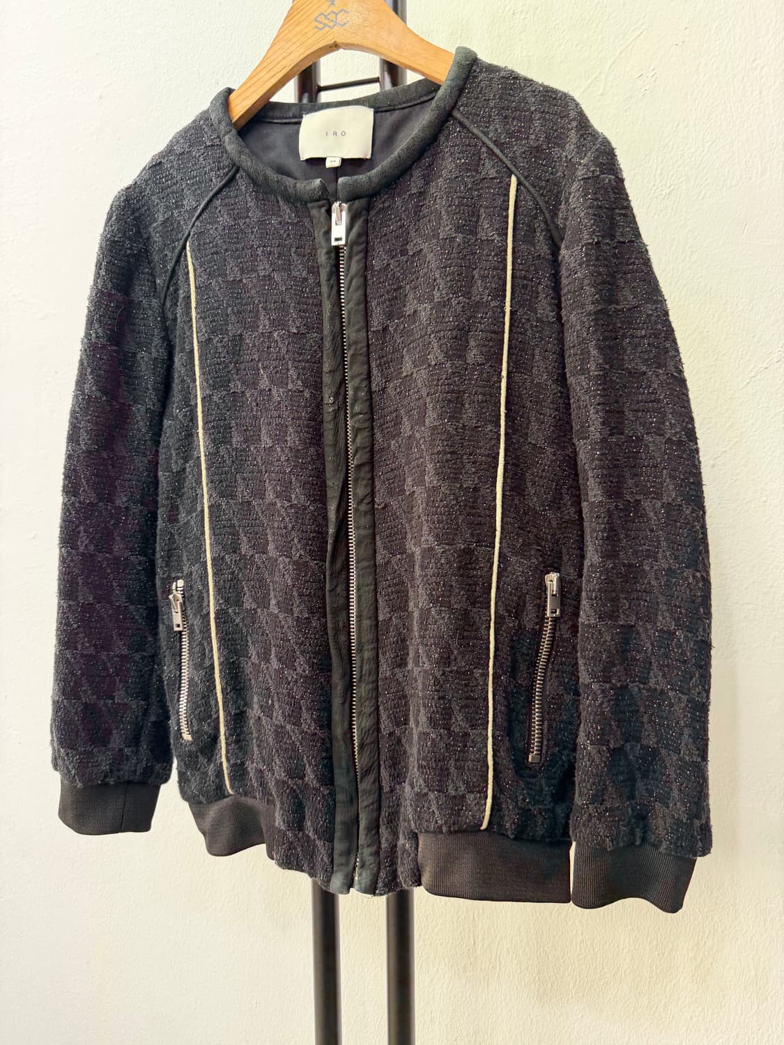 정품) IRO 이로 한섬 체크 패턴 블랙 가죽 붐버 자켓 34 상품이미지3