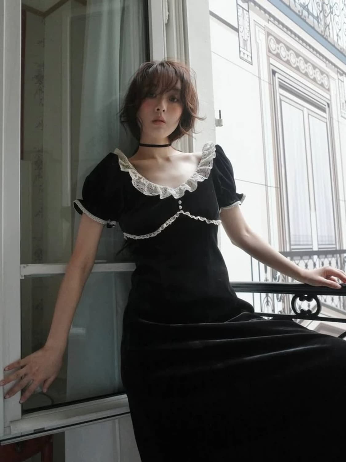 플레따 벨벳 레이스 롱 드레스 상품이미지1