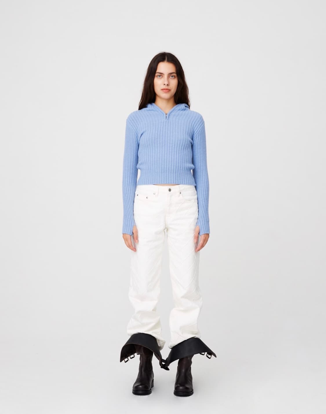 문선 바라클라바 니트 탑 후드 블루 M 상품이미지4