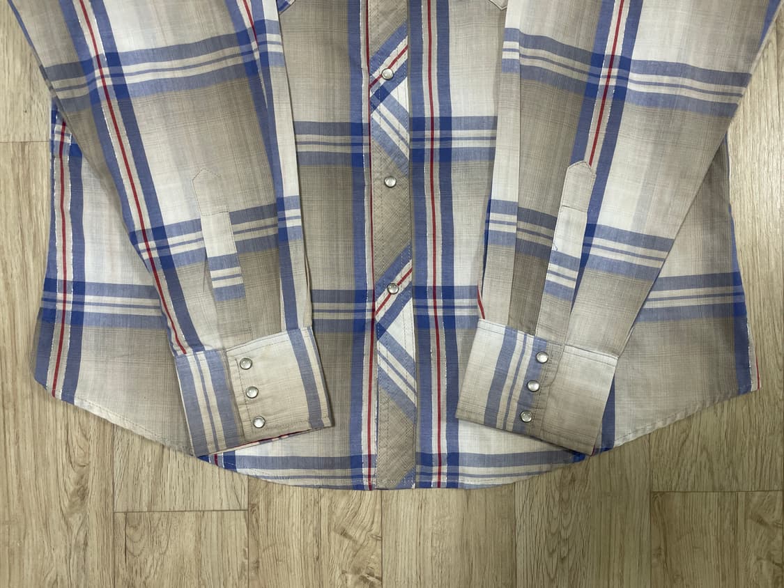 105) 90's 랭글러 베이지체크 샴브레이 웨스턴셔츠 상품이미지9