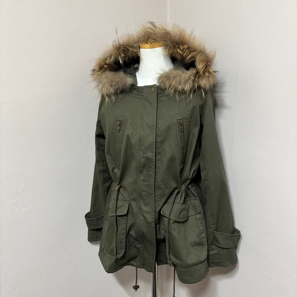 빈티지 카키 라쿤 퍼 후드 보아 안감 야상 점퍼 상품이미지2
