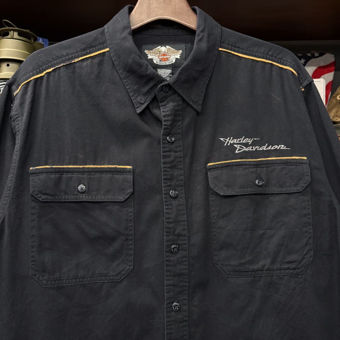00s 할리데이비슨 스펠아웃 스트링 플랩포켓 모터바이크 셔츠  N275 상품이미지3
