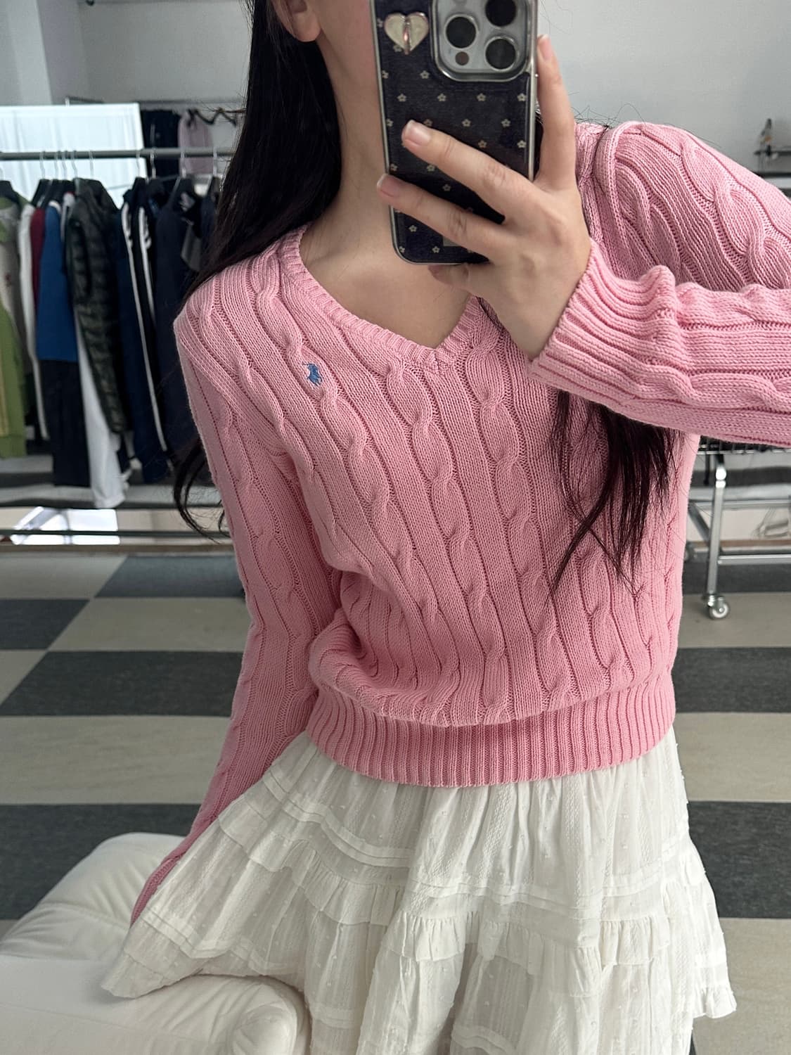 폴로 랄프로렌 연핑크 V넥 피마코튼 케이블 니트  상품이미지2