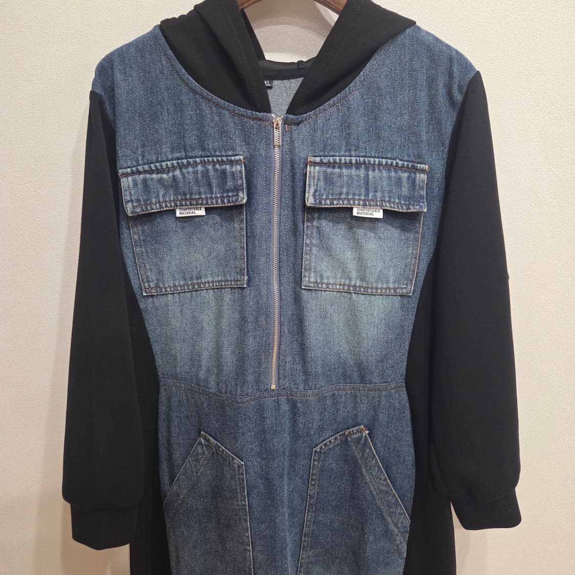 데님 블랙 배색 후드 롱 원피스 XL 상품이미지2