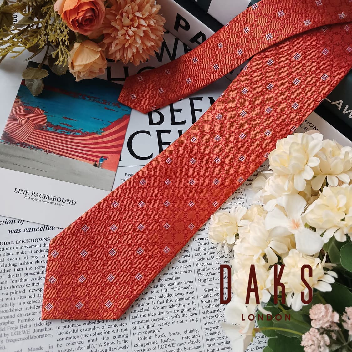 DAKS 닥스 넥타이 오렌지 로고 패턴 S~A+등급 E897 상품이미지1