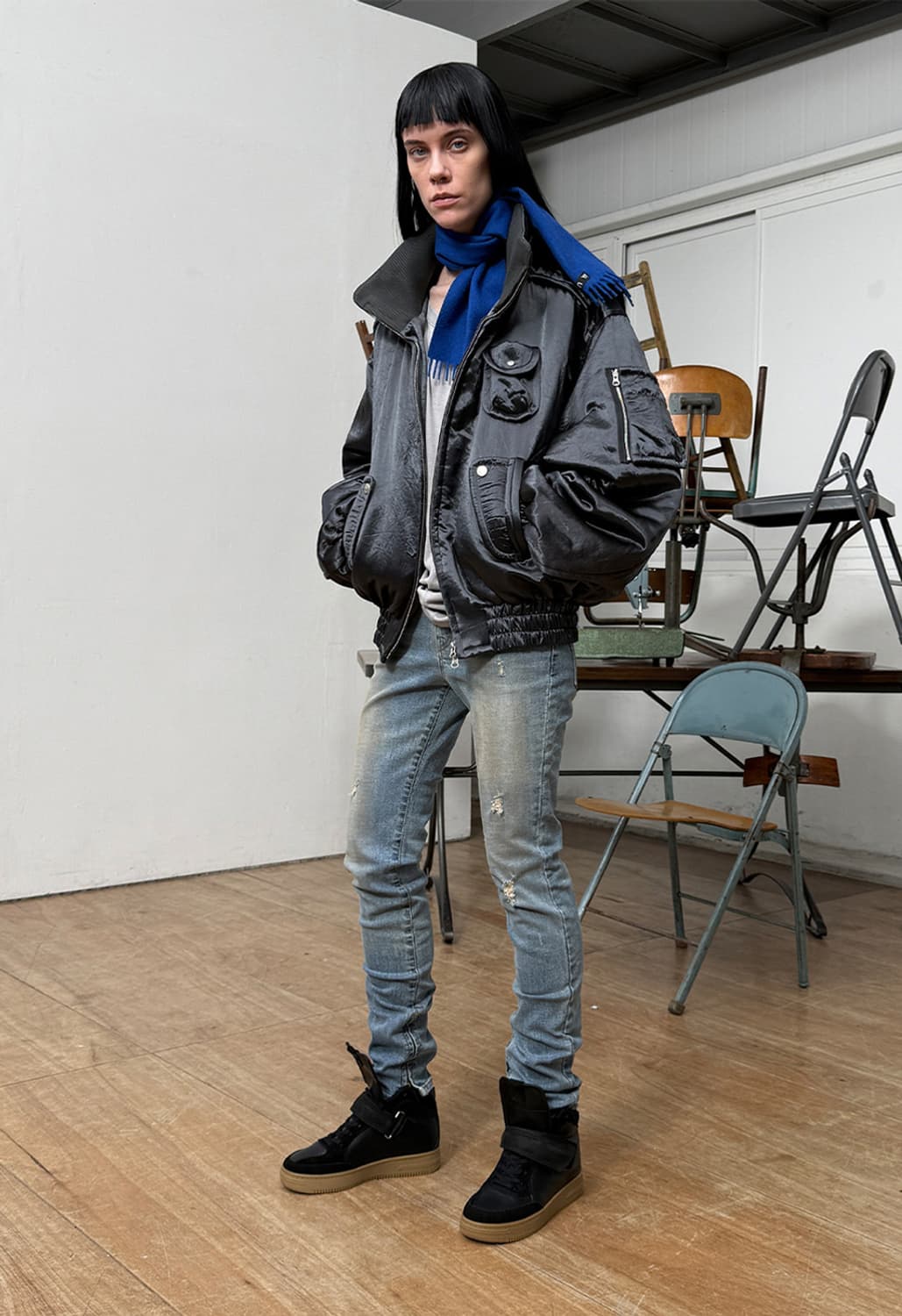 오픈와이와이 새틴 카고 봄버 차콜 상품이미지4