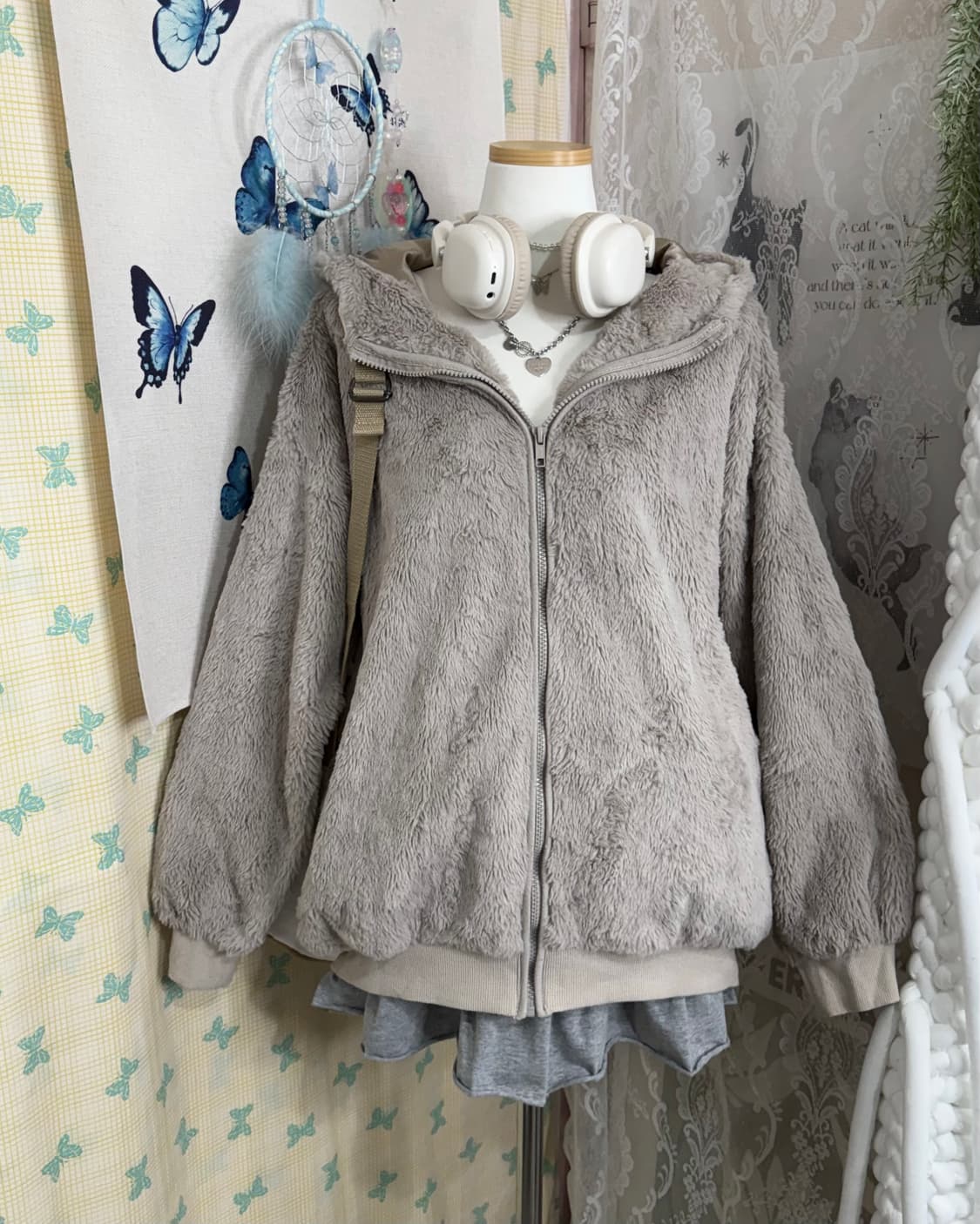 코코아 베이지 퍼 후드 집업 상품이미지1