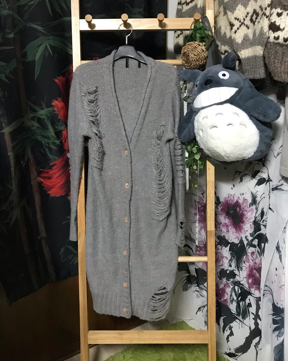 빈티지 그레이 데미지 디테일 모리걸 니트 롱 가디건 상품이미지1