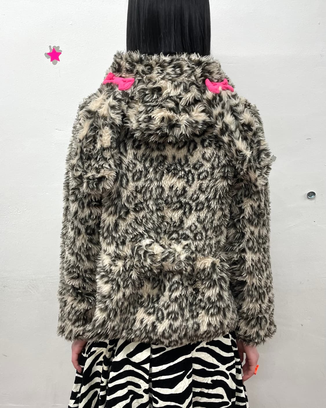 leopard fur rabbit ribbon zip-up hood  상품이미지1