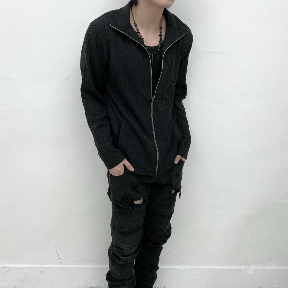 Formal black rib knit zip-up 상품이미지1