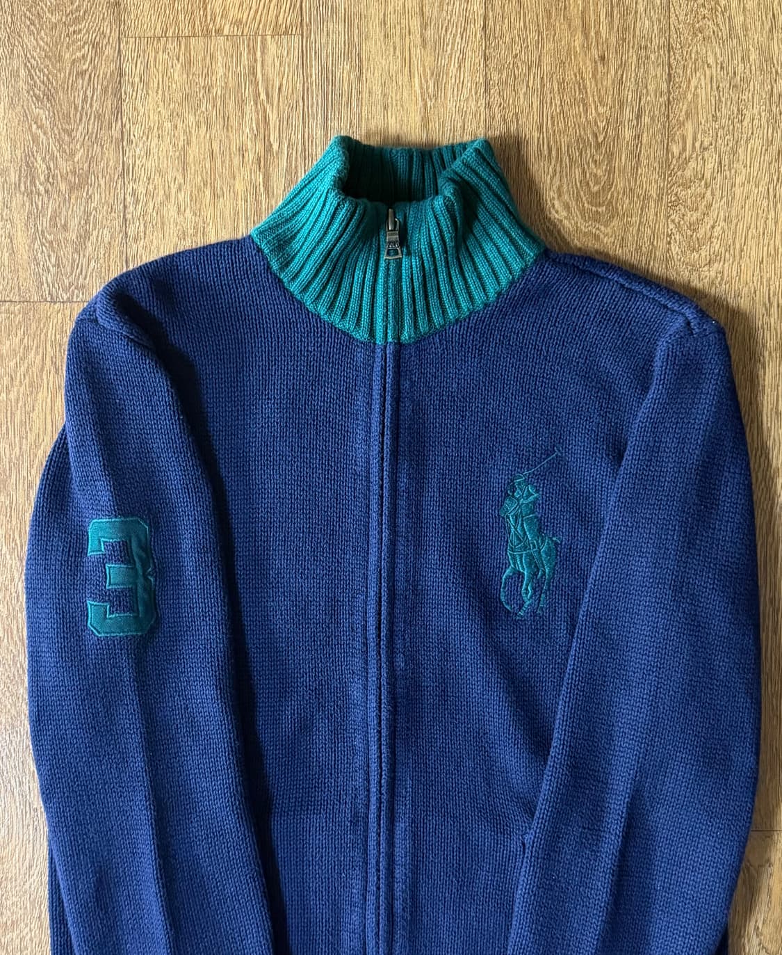 폴로 빅포니 3로고 딥네이비 그린 배색 니트집업 상품이미지2