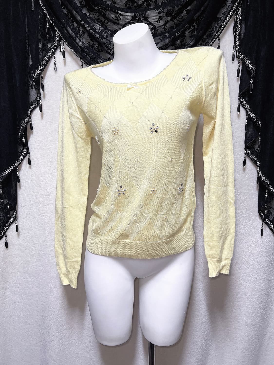 일브 아가일 진주 큐빅 니트 로맨틱갸루 로걀탑 러블리 라떼 핀터 하구미 상품이미지8