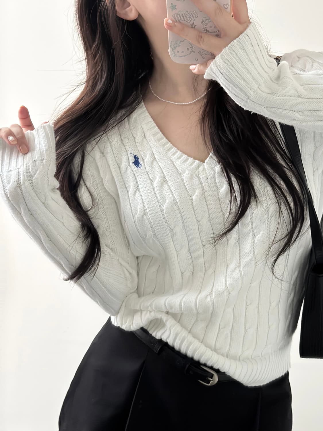 폴로 랄프로렌 화이트 V넥 케이블 니트  상품이미지2